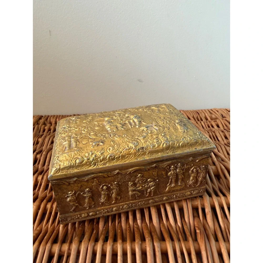 Vintage Ornate Gold Tone Brass Metal Tavern Scene Repousse Jewelry Trinket Box